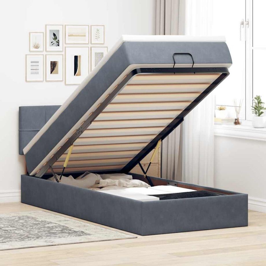 vidaXL Ottoman bed met matras en LED's 100x200 cm fluweel donkergrijs afbeelding 1