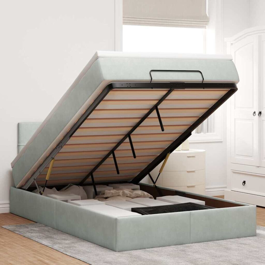 vidaXL Bed poef met matras en LED's 120x190 cm fluweel lichtgrijs afbeelding 1