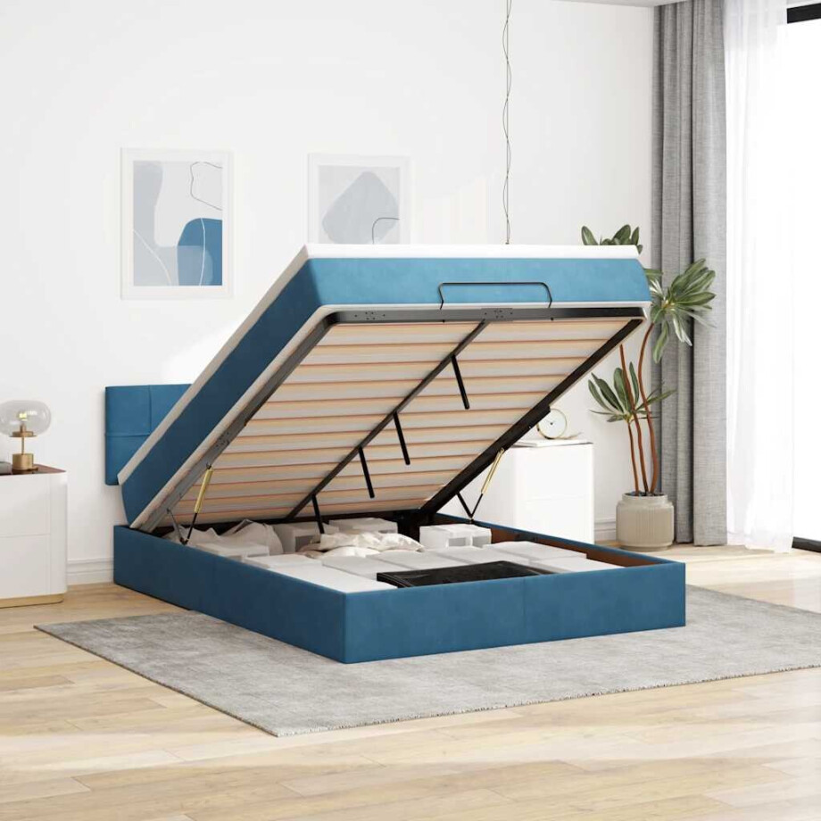vidaXL Ottoman bed met matras en LED's 140x190cm fluweel donkerblauw afbeelding 1