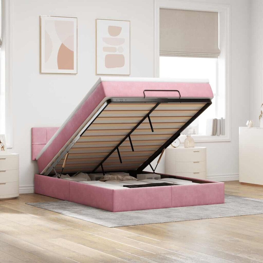 vidaXL Ottoman bed met matras en LED's 140x190cm fluweel roze afbeelding 1