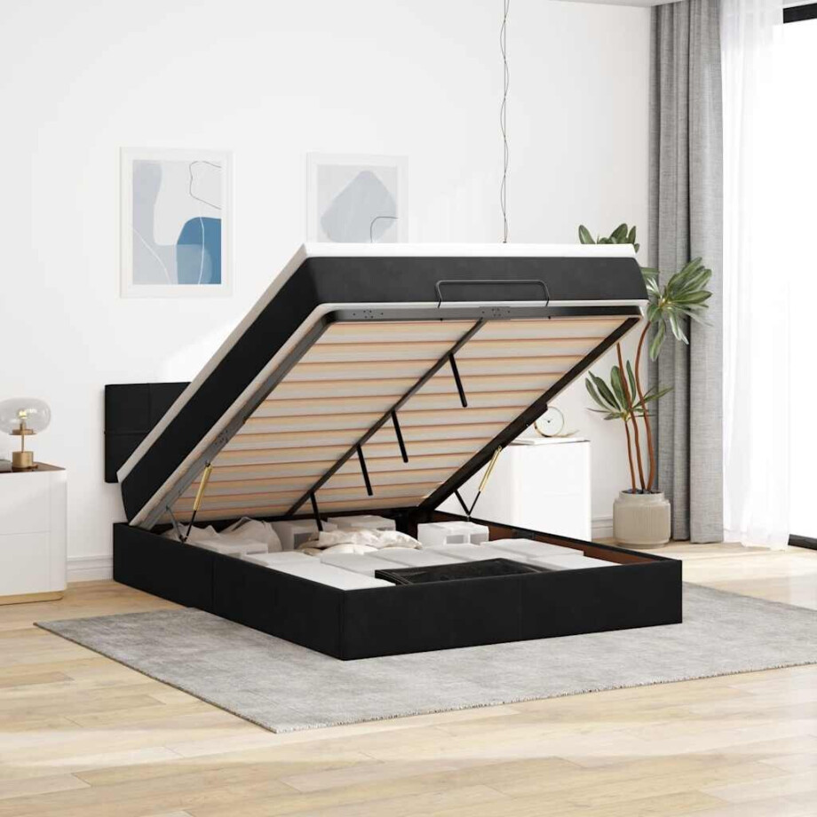vidaXL Ottoman bed met matras en LED's 140x200cm fluweel zwart vidaXL Ottoman bed met matras en LED's 140x200cm fluweel zwart afbeelding 1
