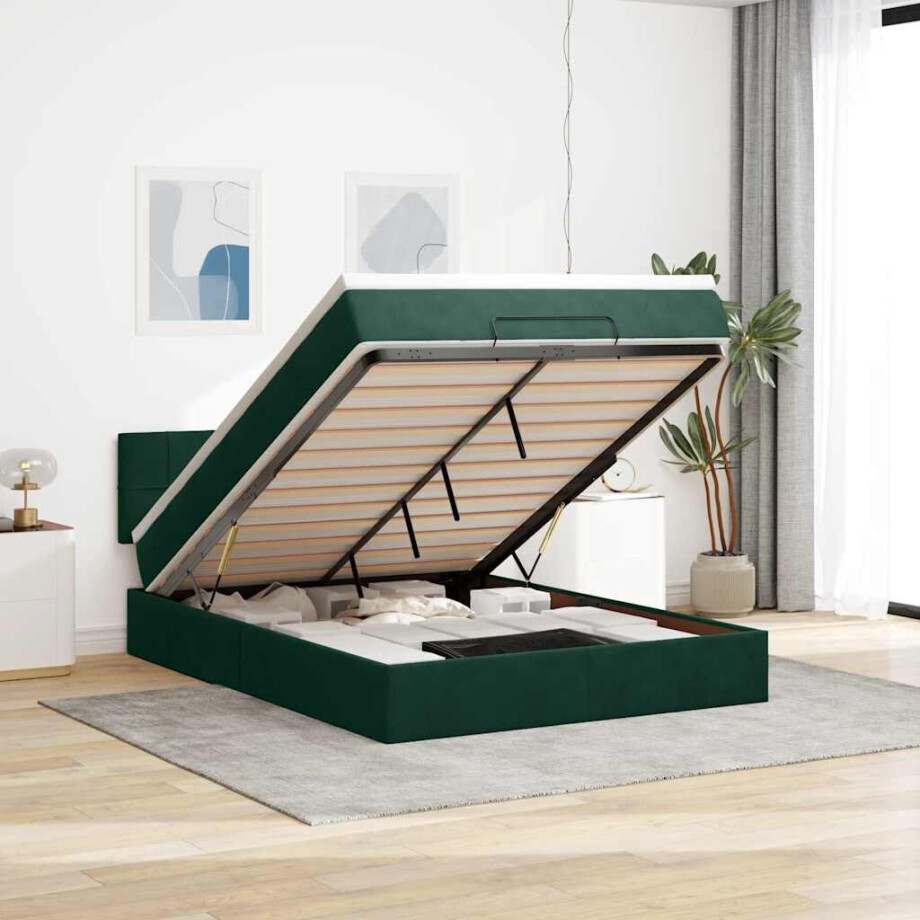 vidaXL Ottoman bed met matras en LED's 140x200cm fluweel donkergroen vidaXL Ottoman bed met matras en LED's 140x200cm fluweel donkergroen afbeelding 1