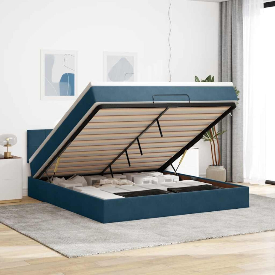 vidaXL Ottoman bed met matras en LED's 160x200cm fluweel donkerblauw afbeelding 1