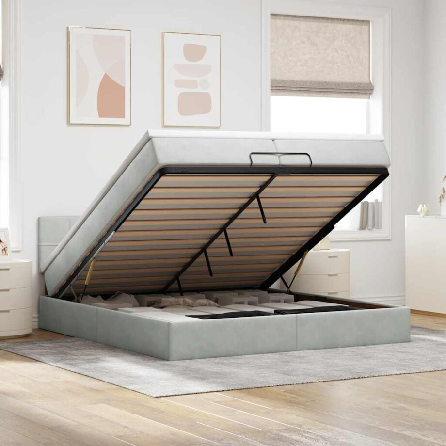 vidaXL Ottoman bed met matrassen en LED's 200x200cm fluweel lichtgrijs afbeelding 1