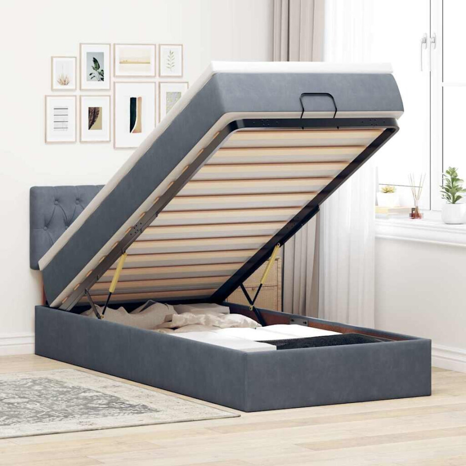 vidaXL Ottoman bed met matras en LED's 100x200 cm fluweel donkergrijs afbeelding 1
