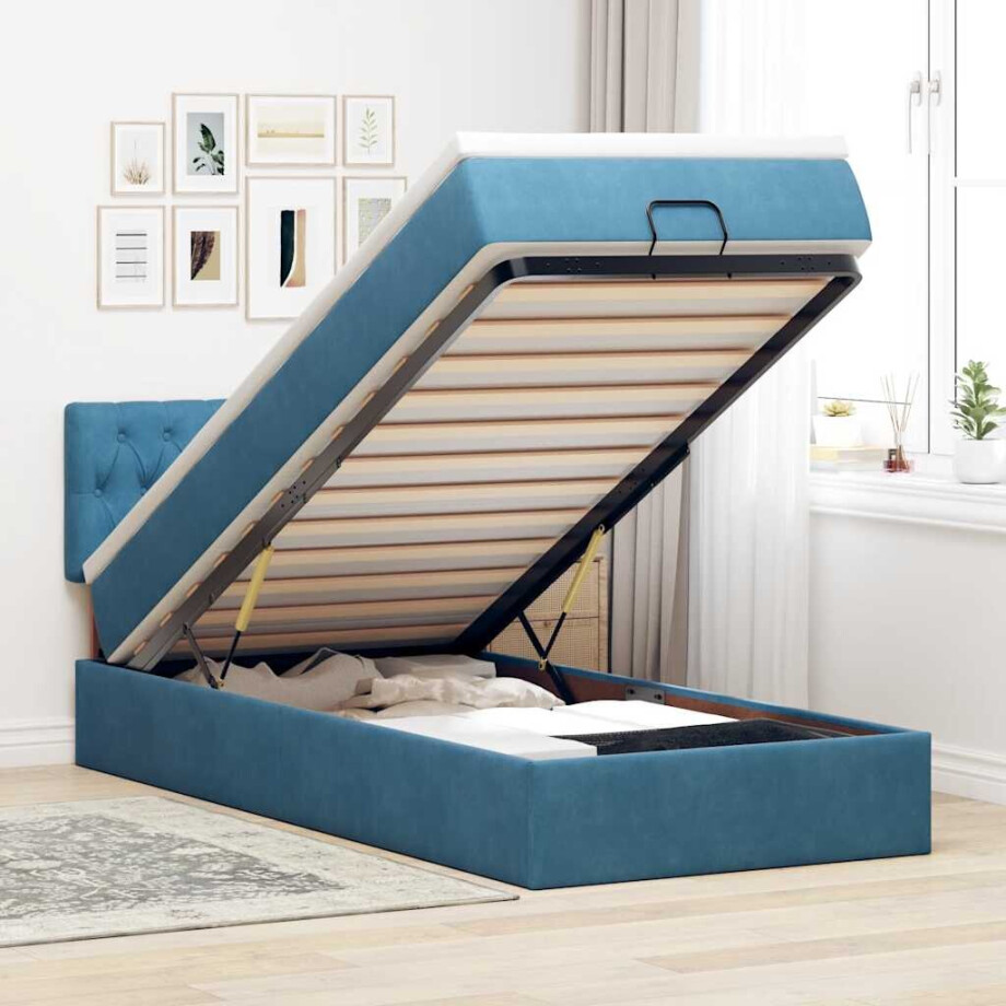 vidaXL Ottoman bed met matras en LED's 100x200 cm fluweel donkerblauw afbeelding 1