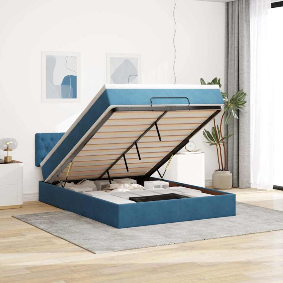 vidaXL Ottoman bed met matras en LED's 140x190cm fluweel donkerblauw afbeelding 1