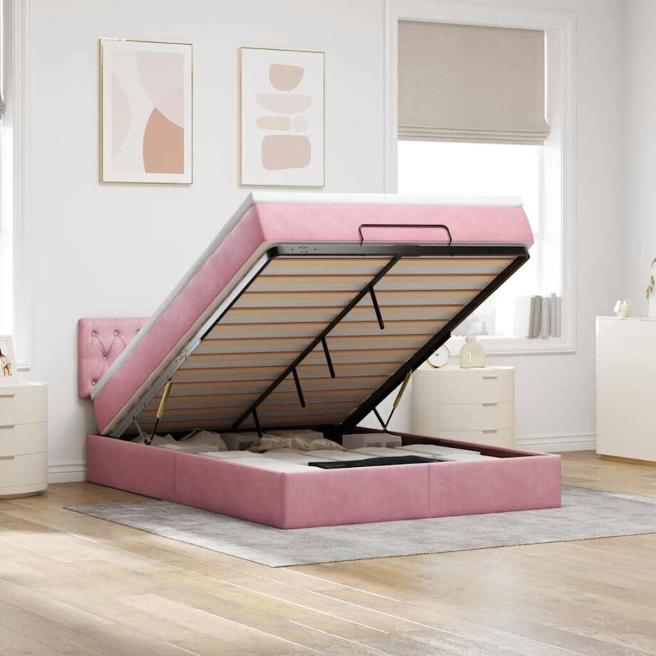 vidaXL Ottoman bed met matras en LED's 140x200cm fluweel roze afbeelding 1