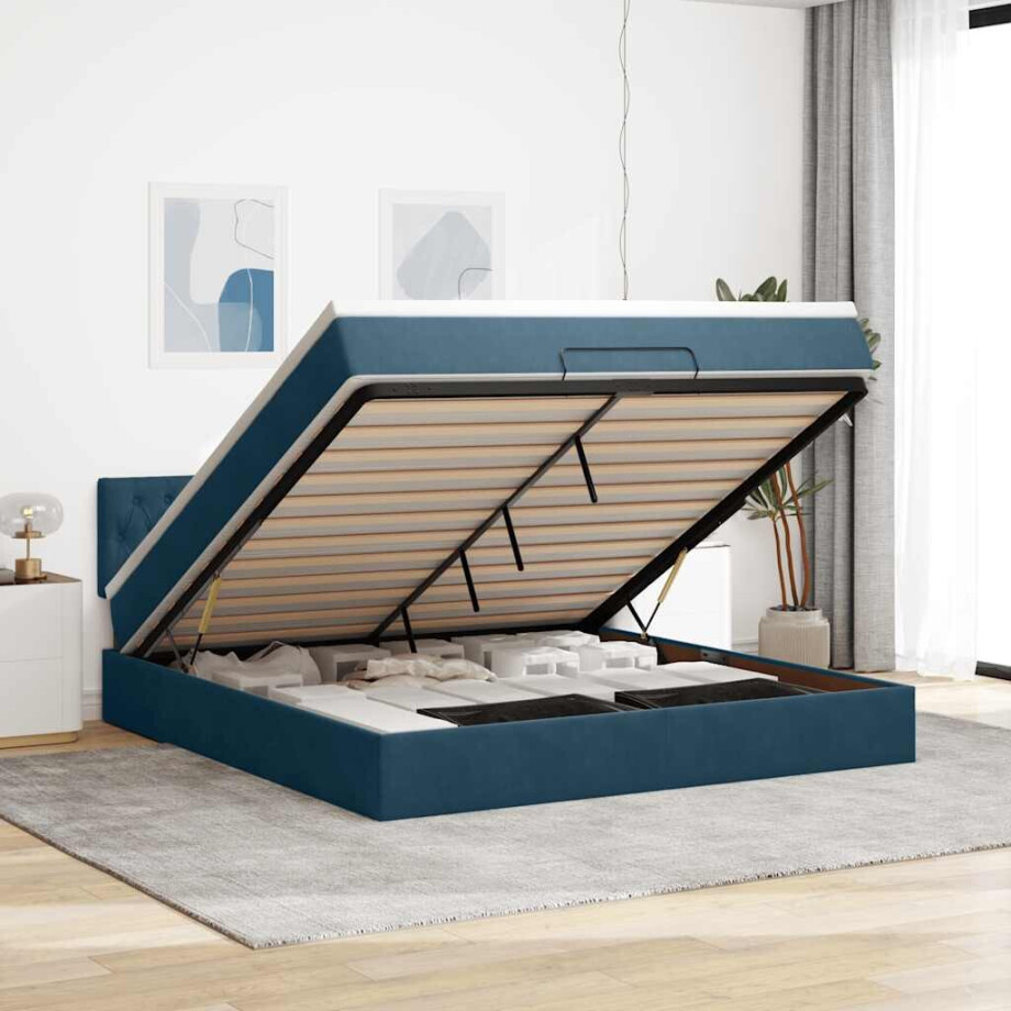 vidaXL Ottoman bed met matras en LED's 160x200cm fluweel donkerblauw afbeelding 1