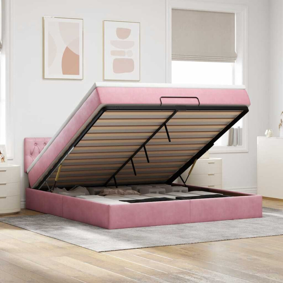 vidaXL Ottoman bed met matras en LED's 160x200cm fluweel roze afbeelding 1