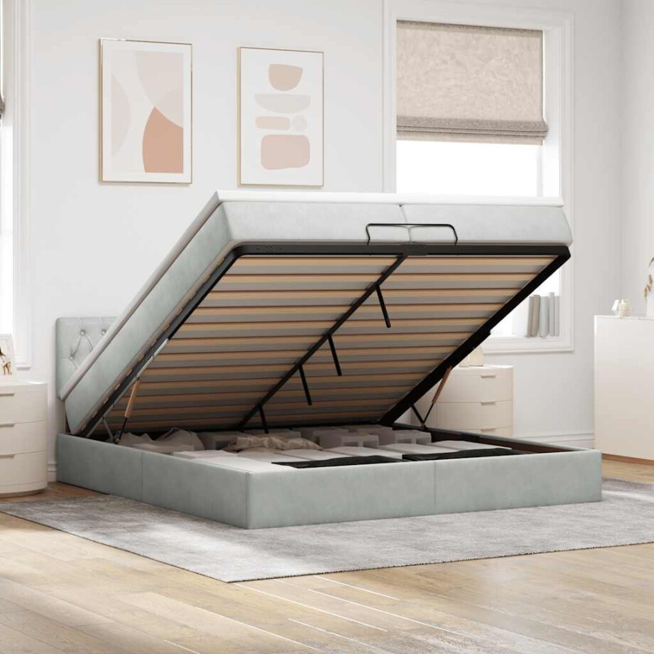 vidaXL Ottoman bed met matrassen en LED's 200x200cm fluweel lichtgrijs vidaXL Ottoman bed met matrassen en LED's 200x200cm fluweel lichtgrijs afbeelding 1