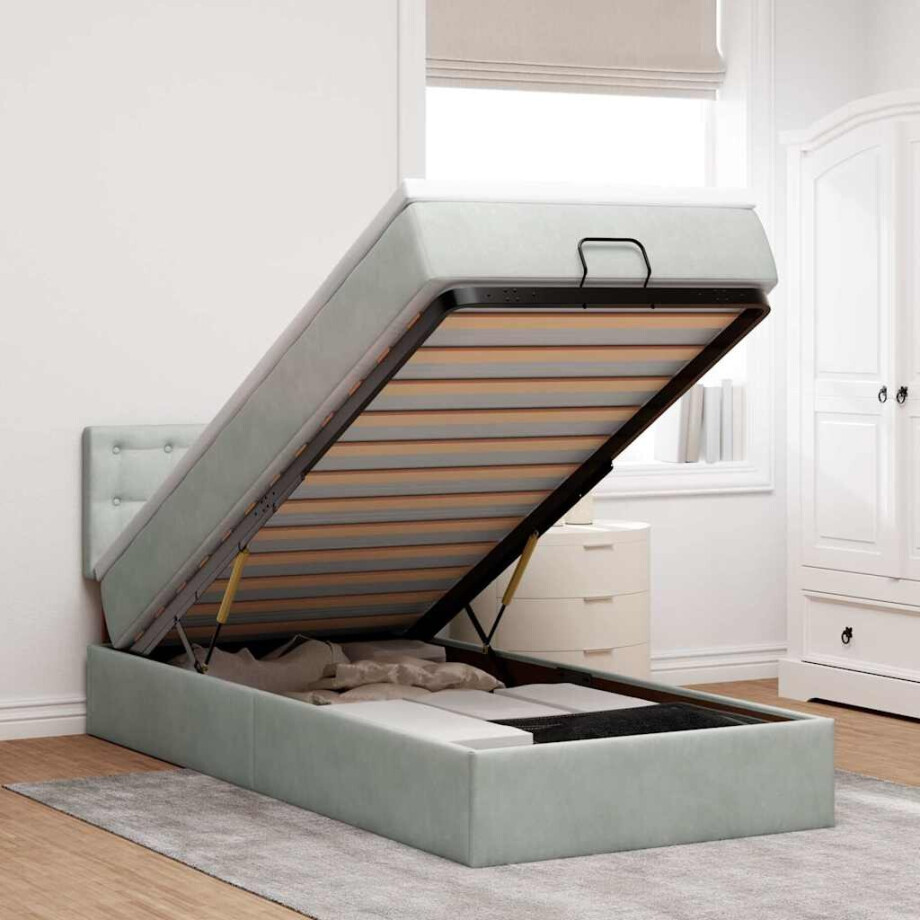 vidaXL Ottoman bed met matras en LED's 90x190cm fluweel lichtgrijs afbeelding 1