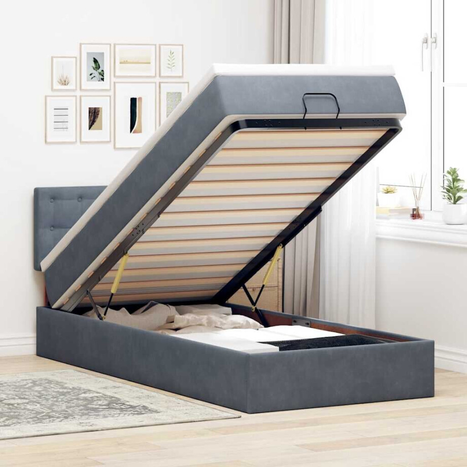 vidaXL Ottoman bed met matras en LED's 90x200cm fluweel donkergrijs vidaXL Ottoman bed met matras en LED's 90x200cm fluweel donkergrijs afbeelding 1
