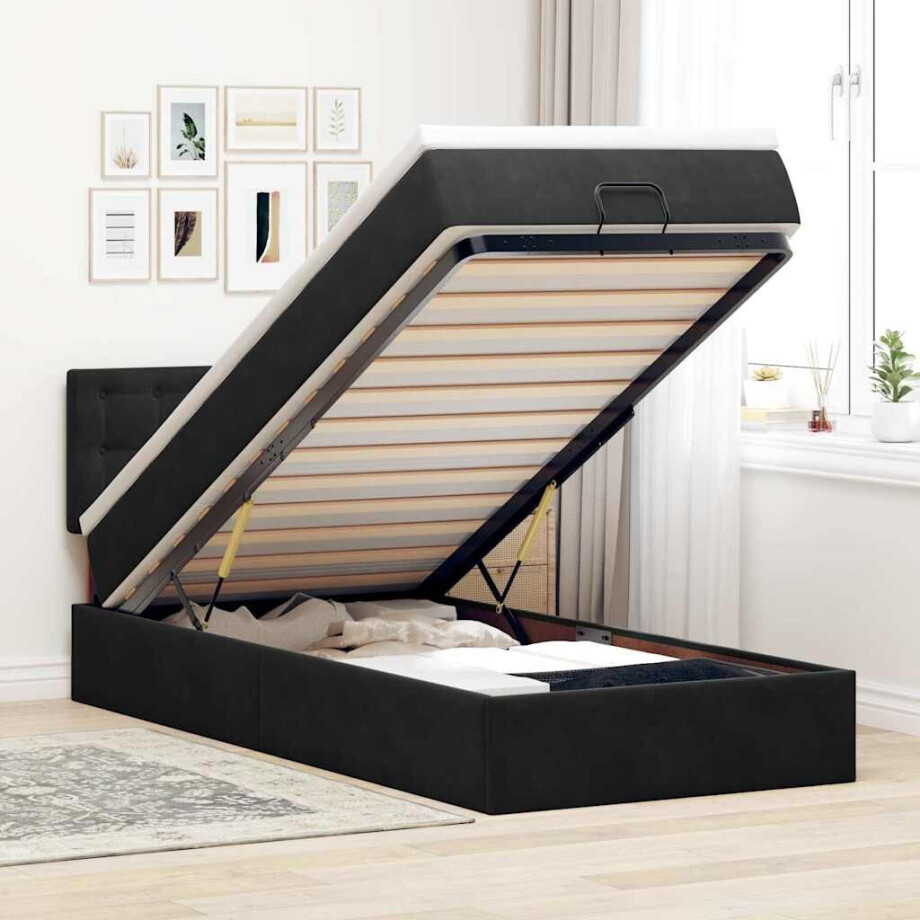 vidaXL Ottoman bed met matras en LED's 90x200cm fluweel zwart vidaXL Ottoman bed met matras en LED's 90x200cm fluweel zwart afbeelding 1