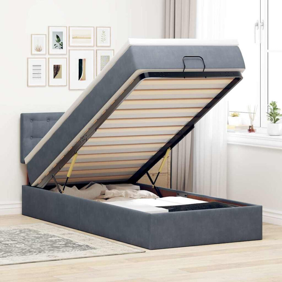 vidaXL Ottoman bed met matras en LED's 100x200 cm fluweel donkergrijs afbeelding 1