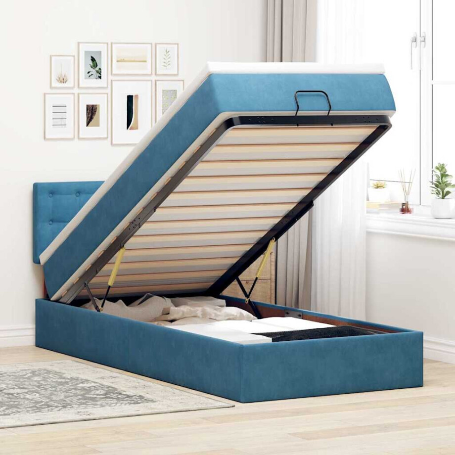 vidaXL Ottoman bed met matras en LED's 100x200 cm fluweel donkerblauw afbeelding 1