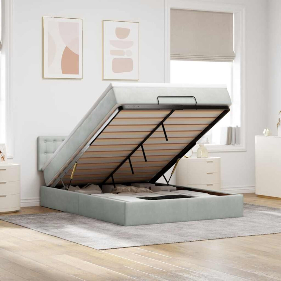 vidaXL Ottoman bed met matras en LED's 140x190cm fluweel lichtgrijs afbeelding 1