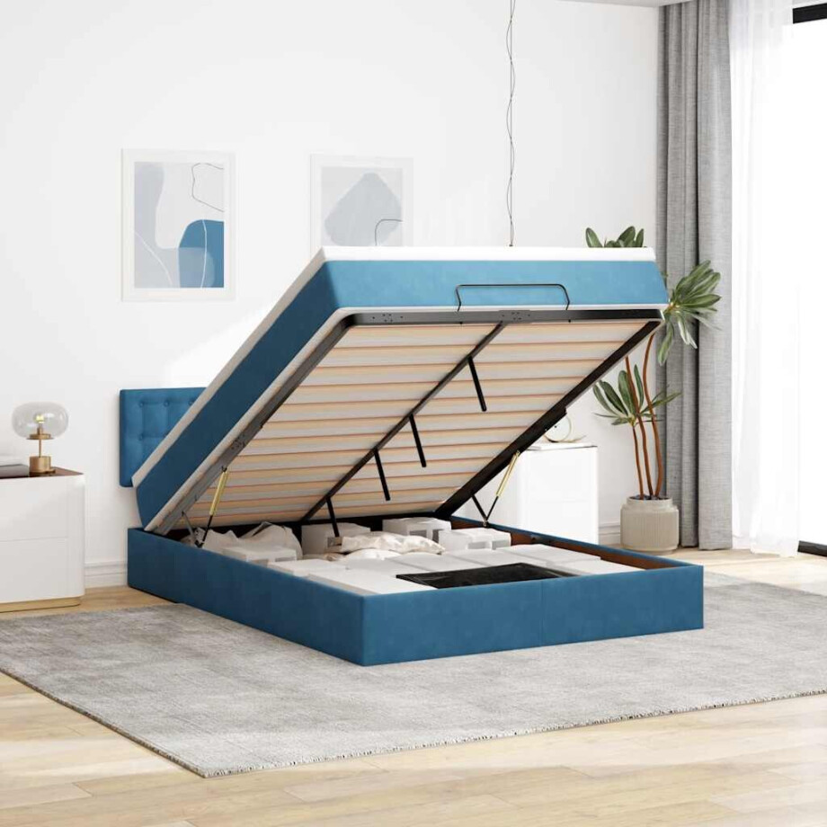 vidaXL Ottoman bed met matras en LED's 140x190cm fluweel donkerblauw afbeelding 1