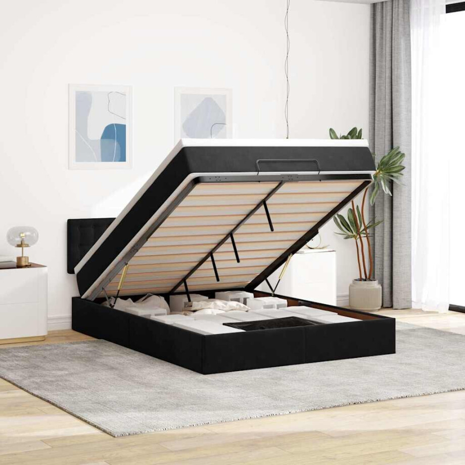 vidaXL Ottoman bed met matras en LED's 140x200cm fluweel zwart vidaXL Ottoman bed met matras en LED's 140x200cm fluweel zwart afbeelding 1