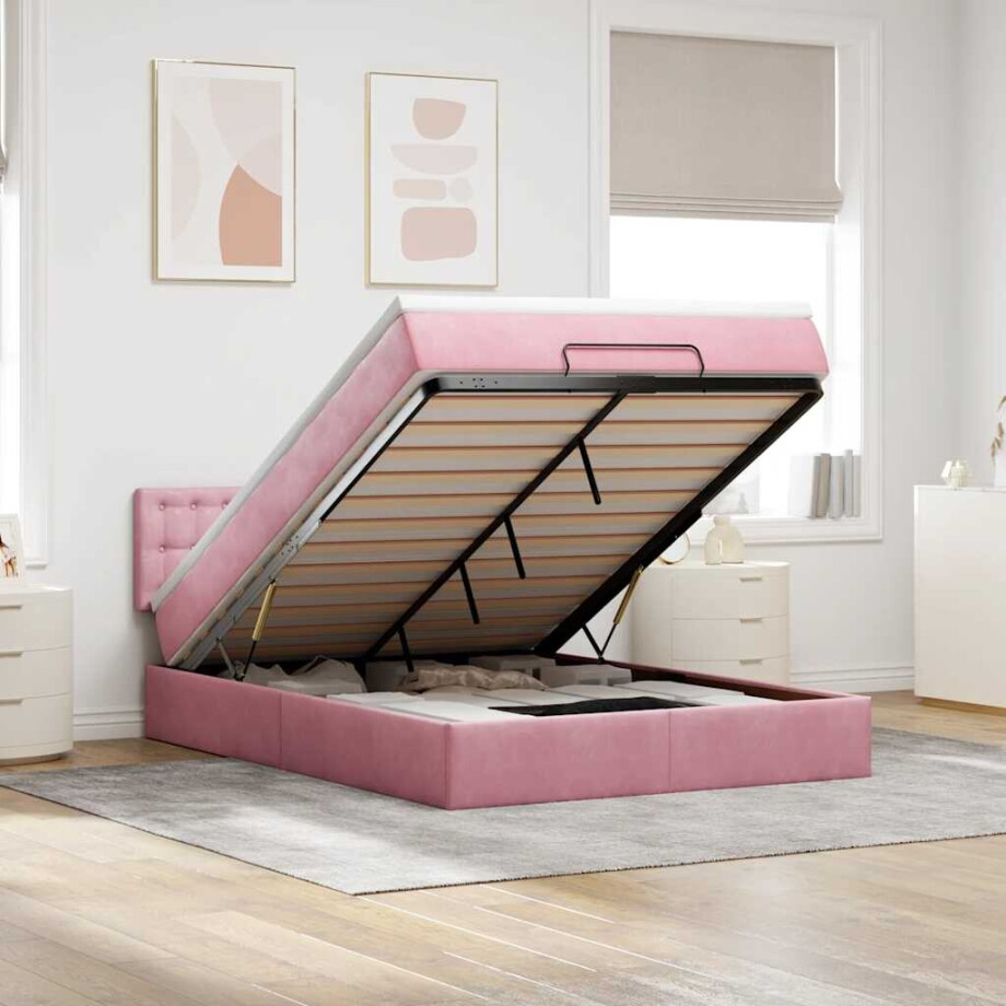 vidaXL Ottoman bed met matras en LED's 140x200cm fluweel roze afbeelding 1