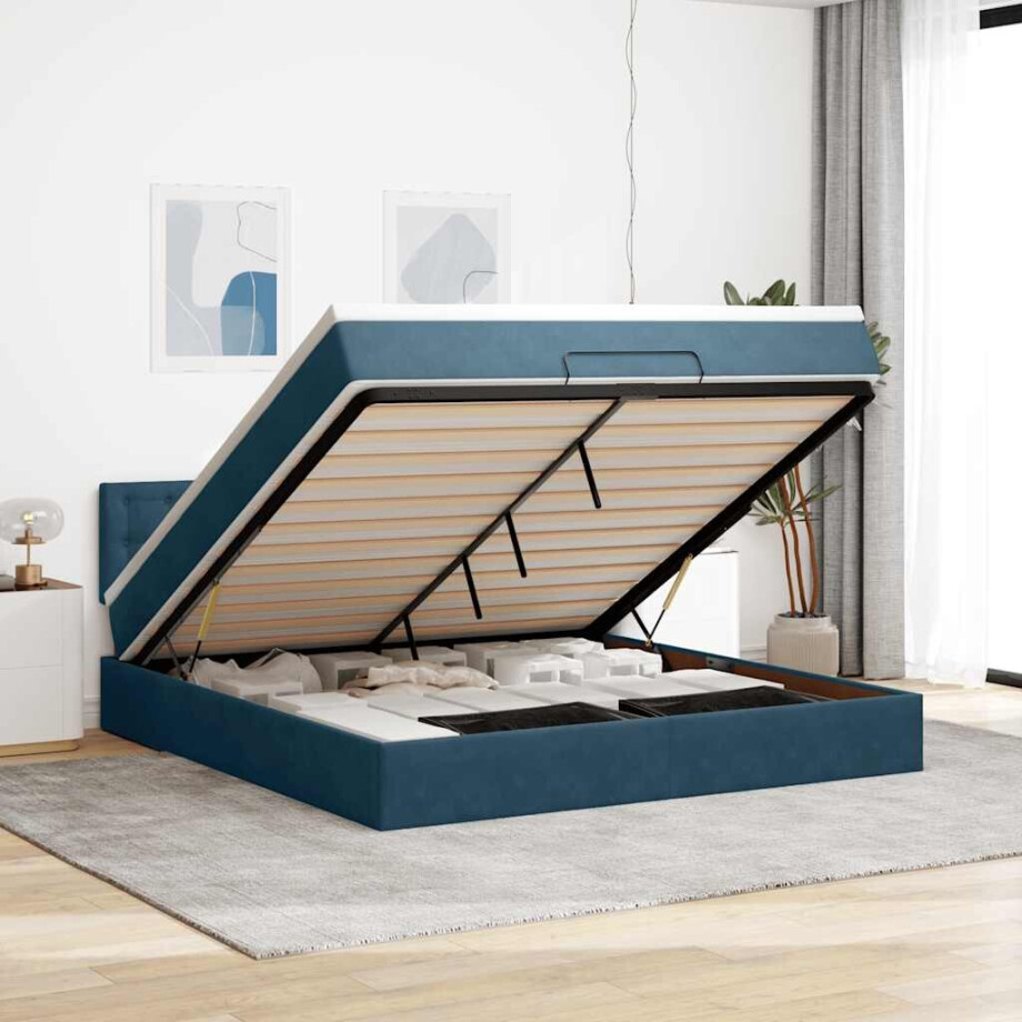 vidaXL Ottoman bed met matras en LED's 160x200cm fluweel donkerblauw afbeelding 1