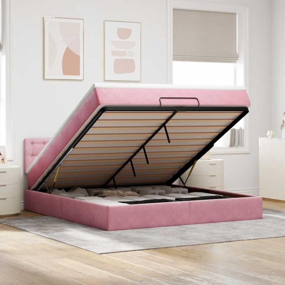 vidaXL Ottoman bed met matras en LED's 160x200cm fluweel roze vidaXL Ottoman bed met matras en LED's 160x200cm fluweel roze afbeelding 1