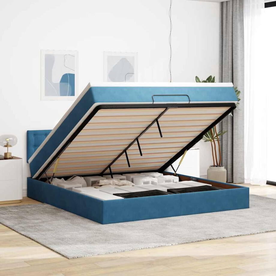vidaXL Ottoman bed met matras en LED's 180x200 cm fluweel donkerblauw afbeelding 1