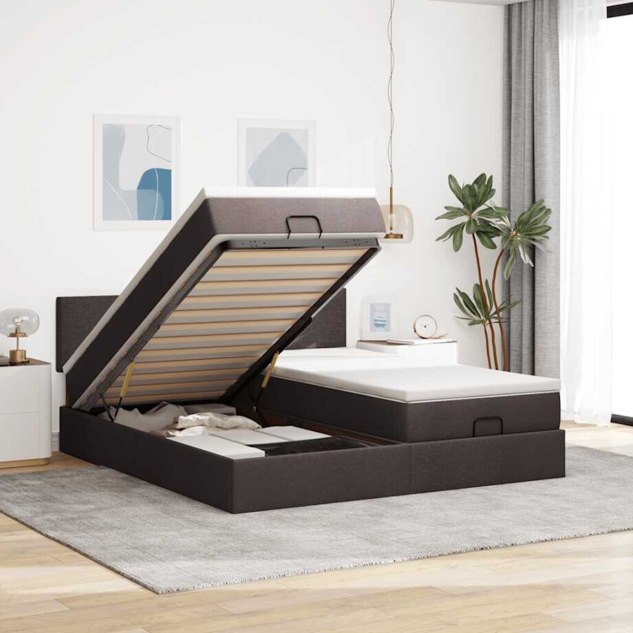vidaXL Ottoman bed met matrassen en LED's 180x200cm stof donkerbruin afbeelding 1