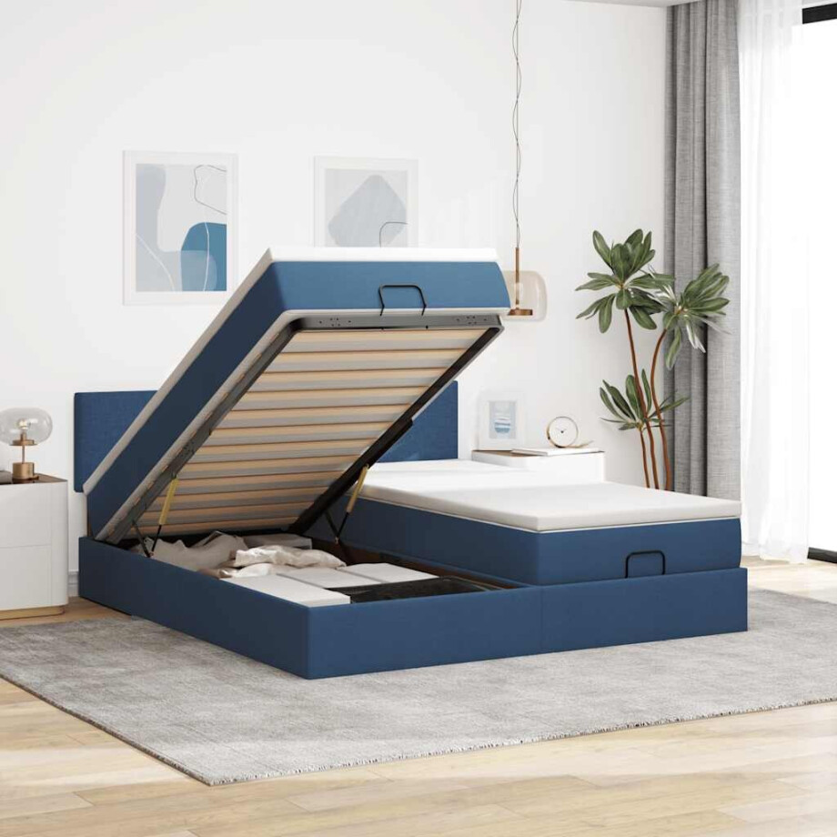 vidaXL Ottoman bed met matrassen en LED's 200x200cm stof blauw vidaXL Ottoman bed met matrassen en LED's 200x200cm stof blauw afbeelding 1