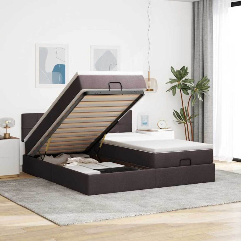 vidaXL Ottoman bed met matrassen en LED's 180x200cm stof donkerbruin afbeelding 1