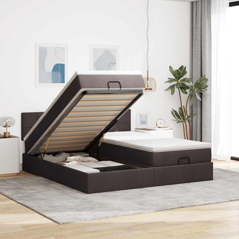 vidaXL Ottoman bed met matrassen en LED's 200x200cm stof donkerbruin vidaXL Ottoman bed met matrassen en LED's 200x200cm stof donkerbruin afbeelding 1
