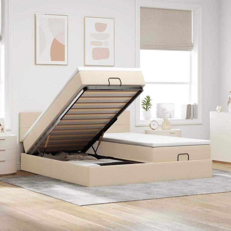 vidaXL Ottoman bed met matrassen en LED's 200x200cm stof crèmekleurig afbeelding 1