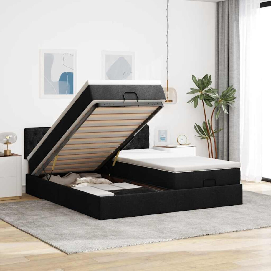 vidaXL Ottoman bed met matrassen en LED's 160x200cm stof zwart vidaXL Ottoman bed met matrassen en LED's 160x200cm stof zwart afbeelding 1