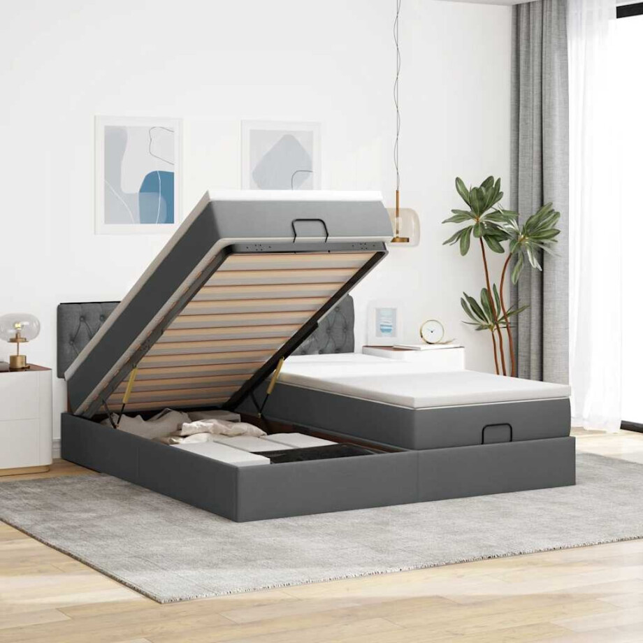 vidaXL Ottoman bed met matrassen en LED's 180x200cm stof donkergrijs afbeelding 1