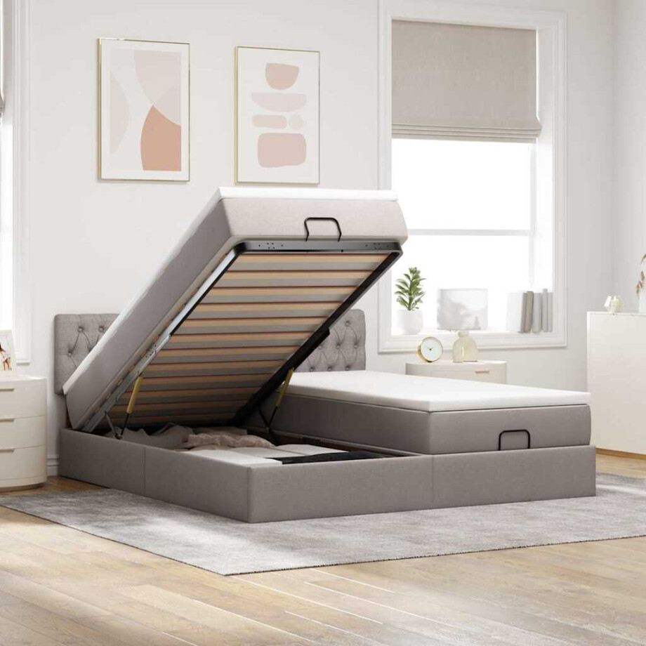 vidaXL Ottoman bed met matrassen en LED's 180x200cm stof taupe afbeelding 1