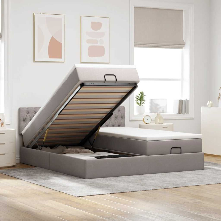 vidaXL Ottoman bed met matrassen en LED's 200x200cm stof taupe vidaXL Ottoman bed met matrassen en LED's 200x200cm stof taupe afbeelding 1
