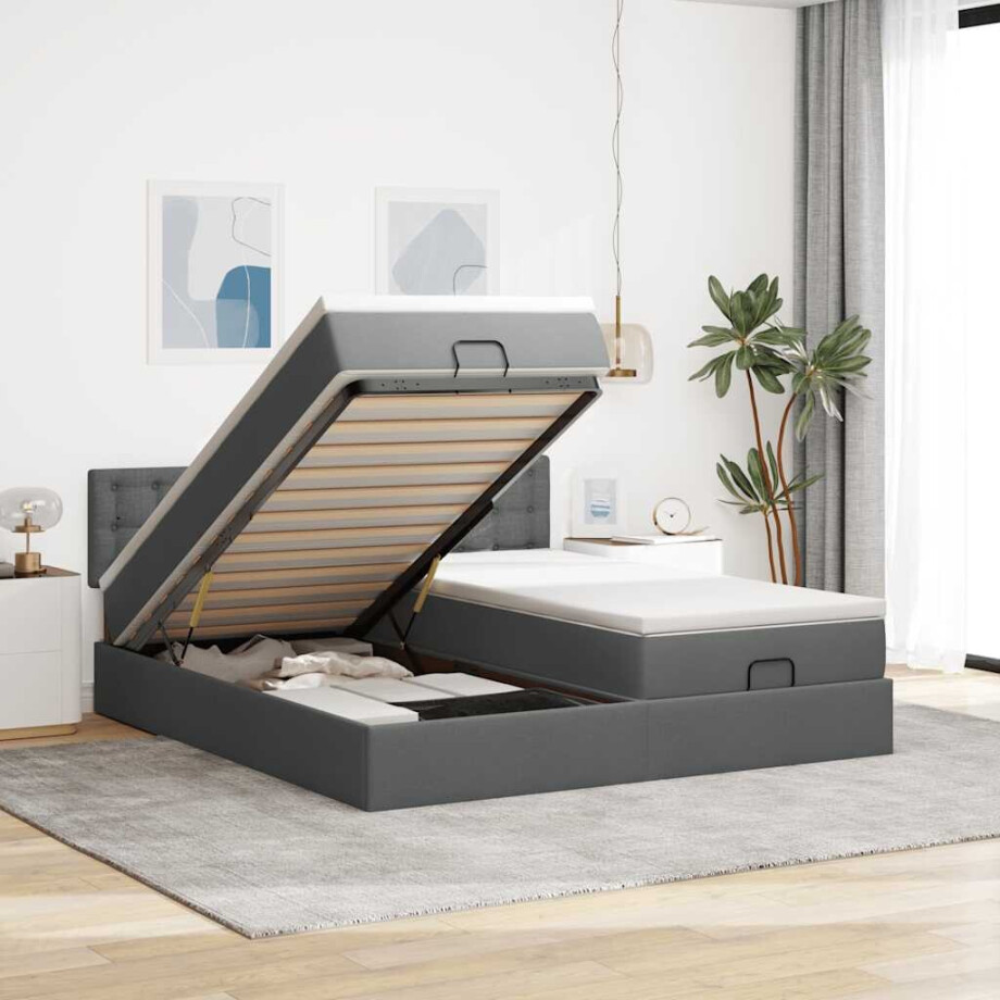 vidaXL Ottoman bed met matrassen en LED's 180x200cm stof donkergrijs vidaXL Ottoman bed met matrassen en LED's 180x200cm stof donkergrijs afbeelding 1