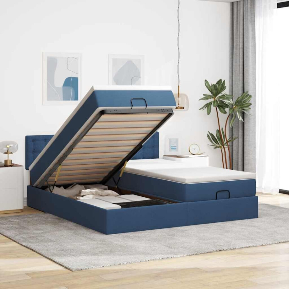 vidaXL Ottoman bed met matrassen en LED's 180x200cm stof blauw vidaXL Ottoman bed met matrassen en LED's 180x200cm stof blauw afbeelding 1