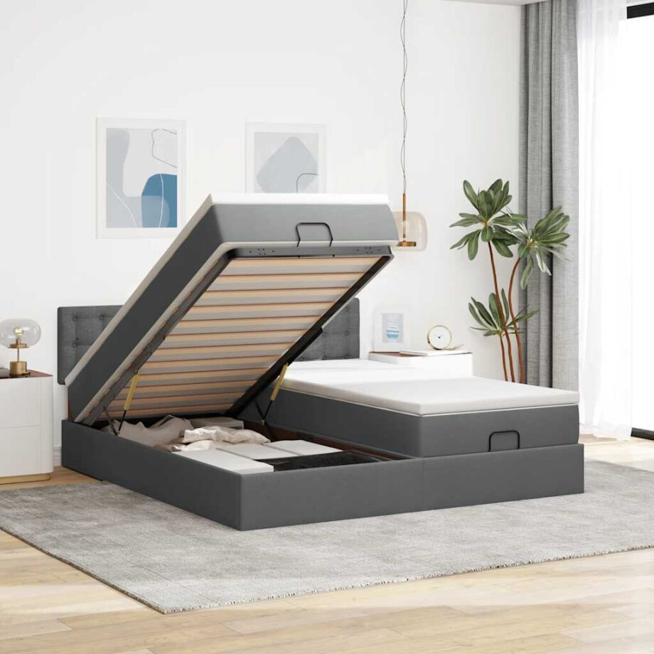 vidaXL Ottoman bed met matrassen en LED's 200x200cm stof donkergrijs afbeelding 1