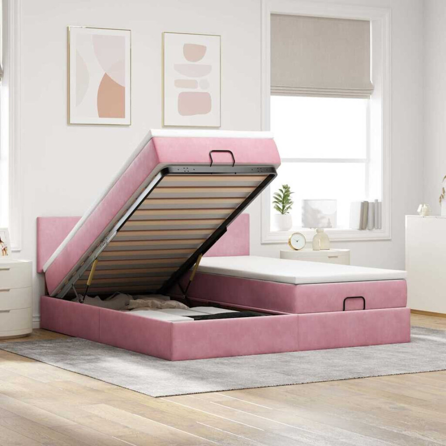 vidaXL Ottoman bed met matrassen en LED's 160x200cm fluweel roze afbeelding 1