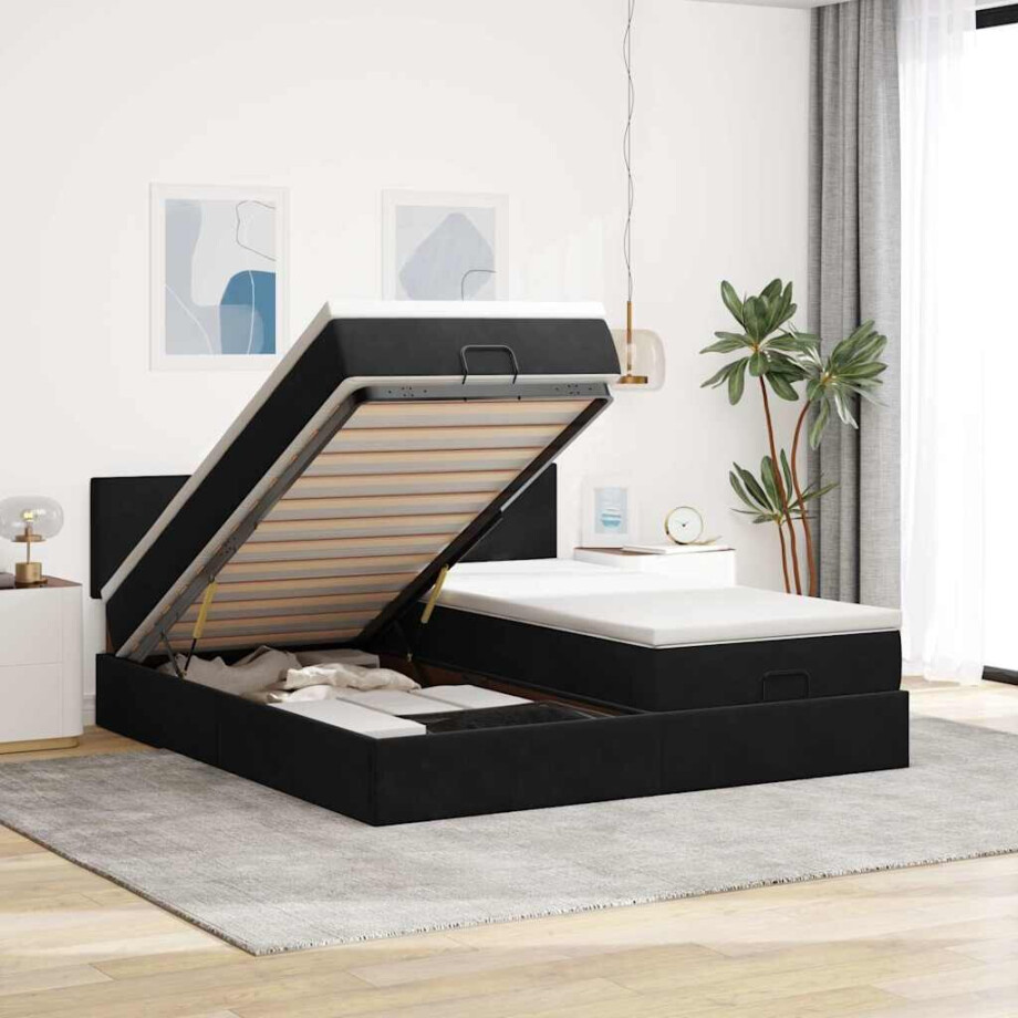 vidaXL Ottoman bed met matrassen en LED's 180x200cm fluweel zwart vidaXL Ottoman bed met matrassen en LED's 180x200cm fluweel zwart afbeelding 1