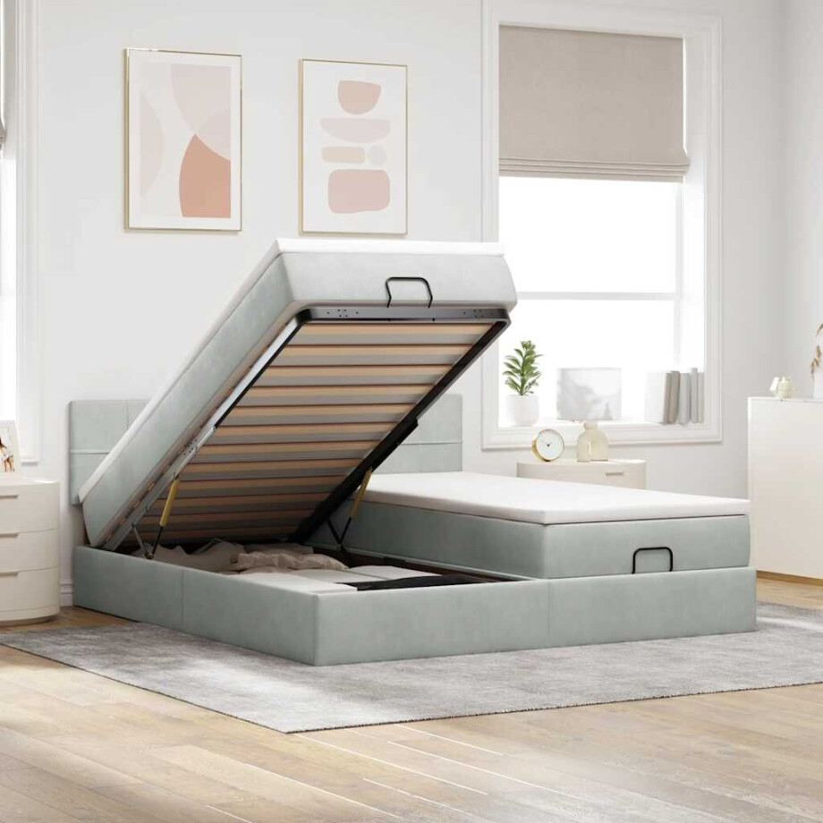 vidaXL Ottoman bed met matrassen en LED's 180x200cm fluweel lichtgrijs afbeelding 1