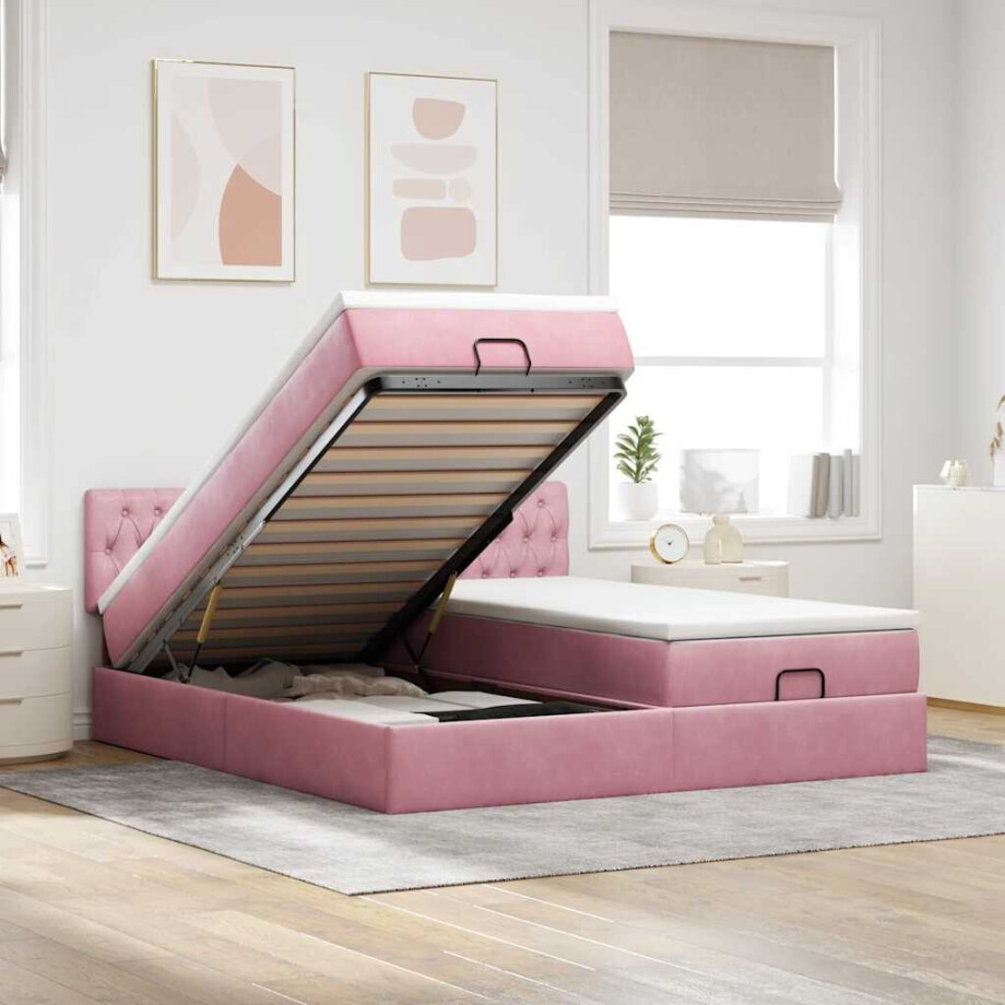 vidaXL Ottoman bed met matrassen en LED's 180x200cm fluweel roze vidaXL Ottoman bed met matrassen en LED's 180x200cm fluweel roze afbeelding 1