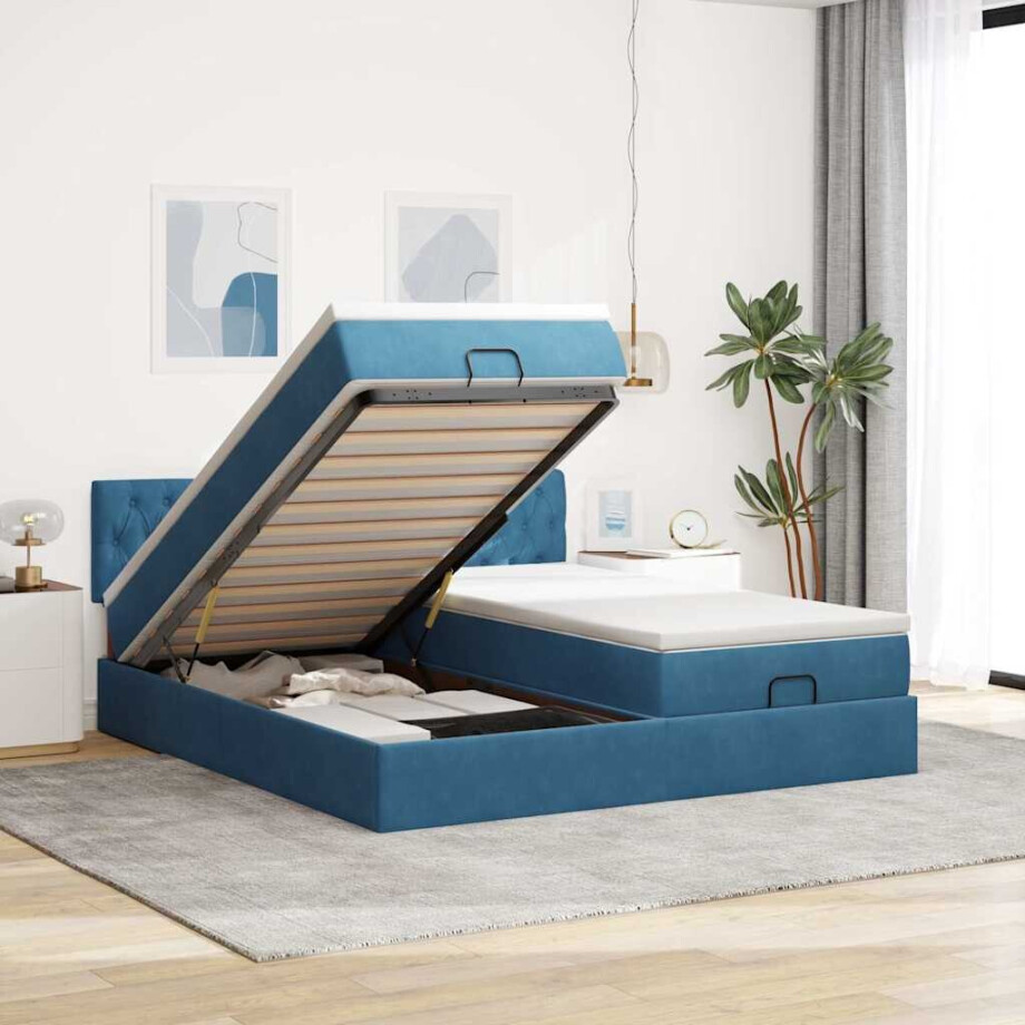 vidaXL Bed poef met matrassen en leds 200x200 cm fluweel donkerblauw afbeelding 1