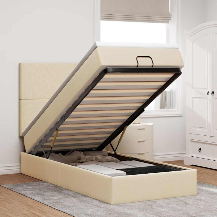 vidaXL Ottoman bed met matras 90x190cm stof crèmekleurig afbeelding 1