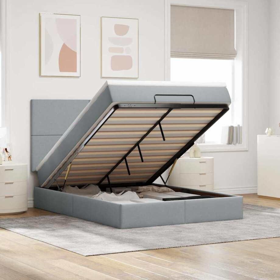 vidaXL Ottoman bed met matras 140x200cm stof lichtgrijs afbeelding 1