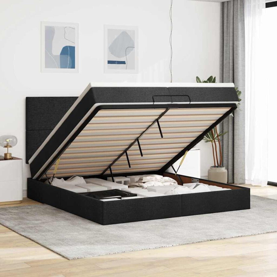 vidaXL Ottoman bed met matrassen 200x200cm stof zwart afbeelding 1