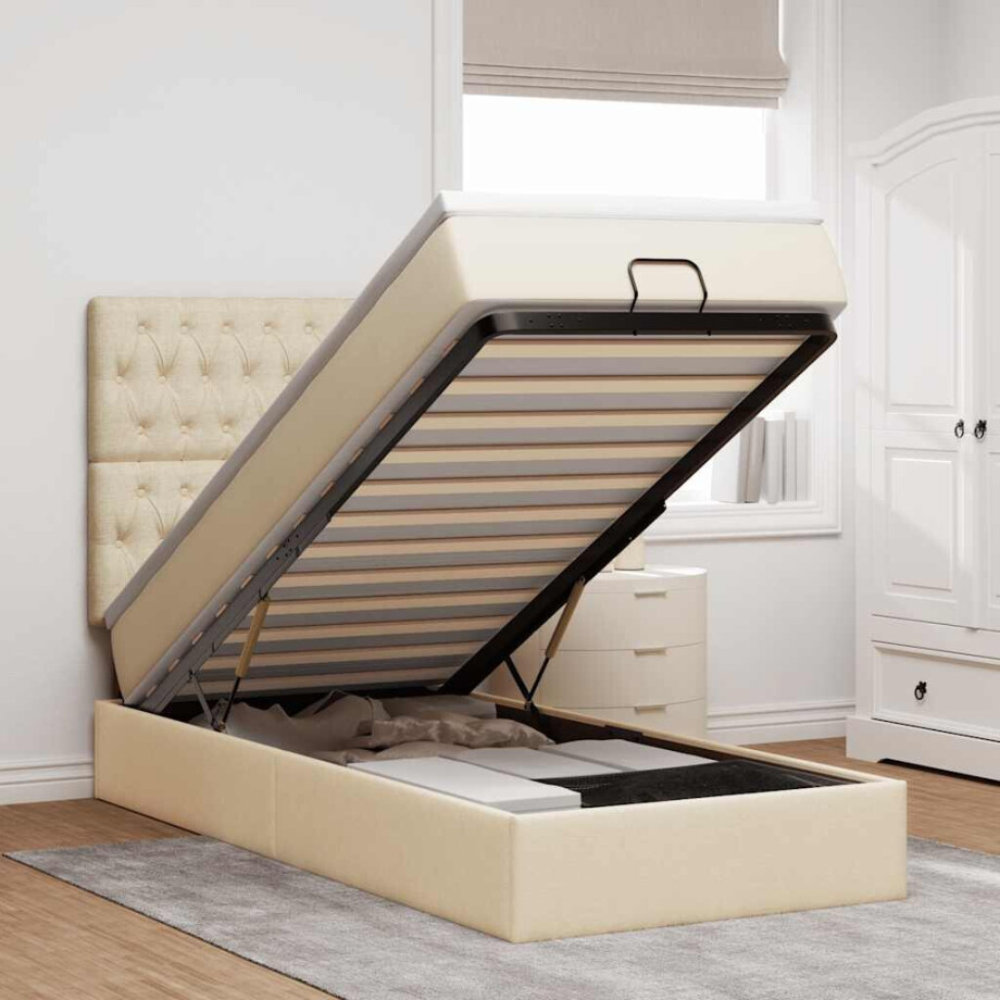 vidaXL Ottoman bed met matras 90x190cm stof crèmekleurig vidaXL Ottoman bed met matras 90x190cm stof crèmekleurig afbeelding 1
