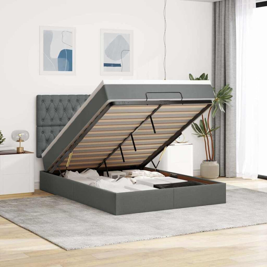 vidaXL Ottoman bed met matras 140x200cm stof donkergrijs afbeelding 1