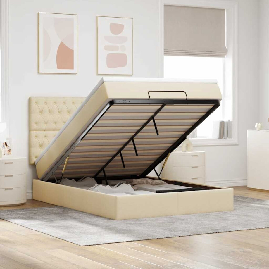 vidaXL Ottoman bed met matras 140x200cm stof crèmekleurig afbeelding 1